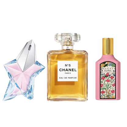 Coffret Luxe Floral – Angel de Mugler, Flora Gorgeous Gardenia de Gucci et Chanel N°5 de Chanel