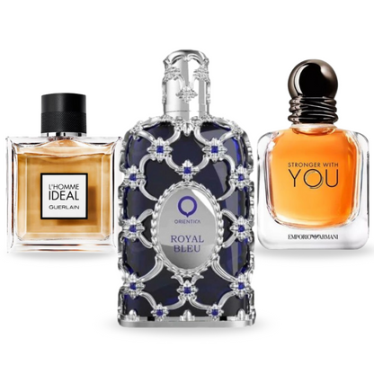 Coffret Élégance Intense – Royal Bleu de Orientica, L’Homme Idéal L’Intense de Guerlain et Stronger With You de Giorgio Armani [100 ml]